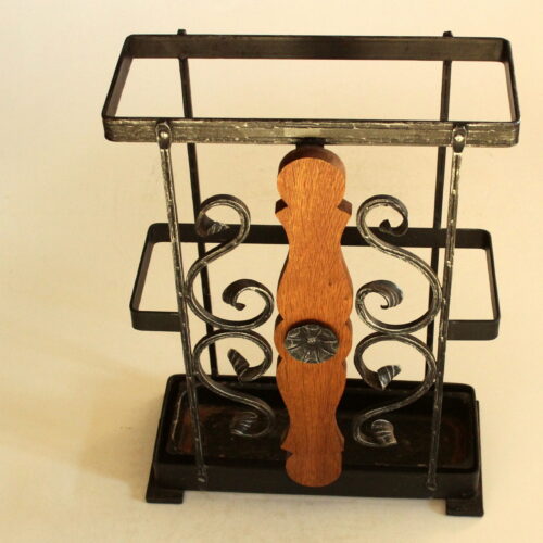 1950s handmade umbrella stand, made of wrought iron and wood, vintage
