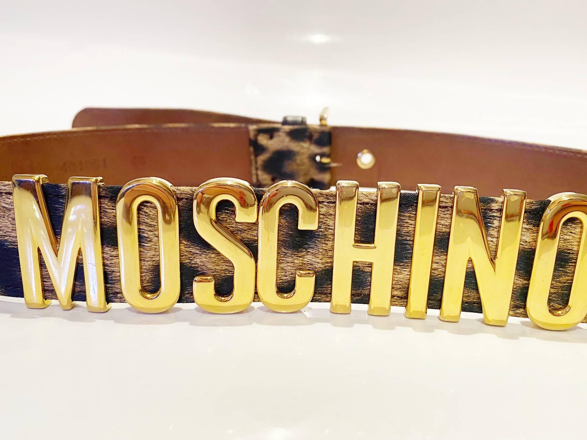 1990s Moschino by Redwall Gold Lettering Animal Print Belt