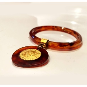 1990s Prada Resin Brown Bangle with Hanging Gold Metal Medallion