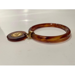 1990s Prada Resin Brown Bangle with Hanging Gold Metal Medallion