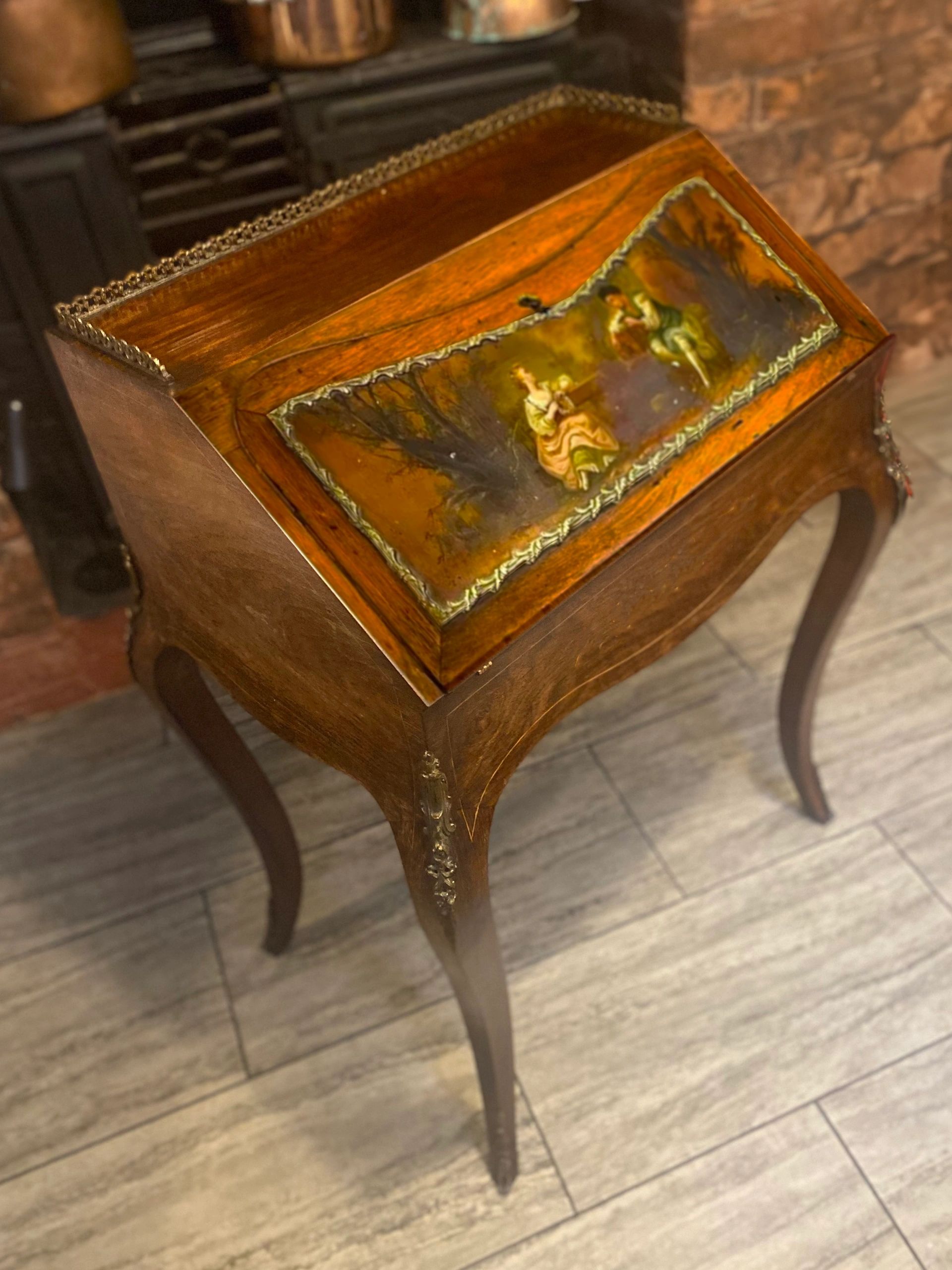 Antique Ladies French writing desk with hand painted facade by Henri Martin