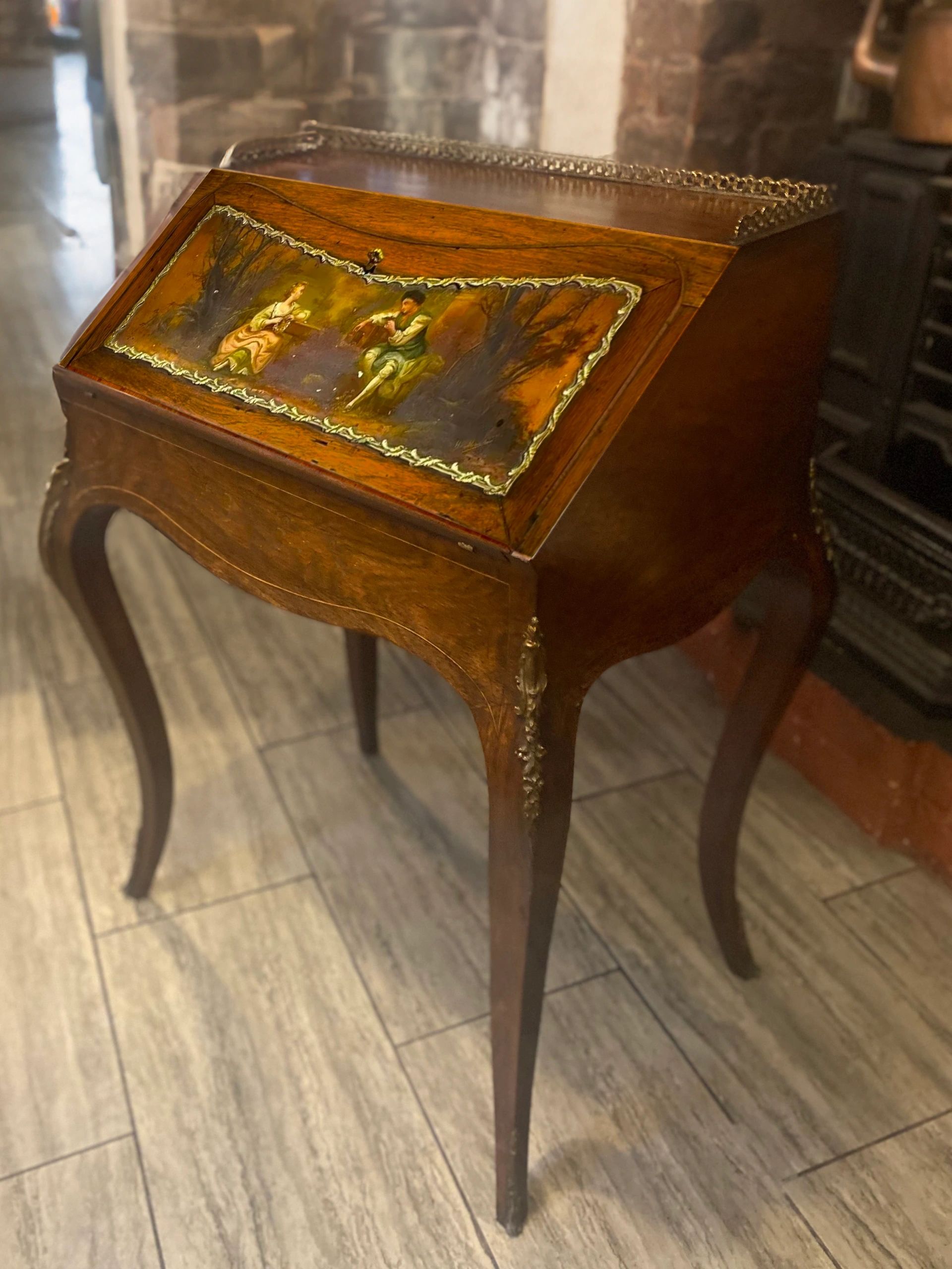 Antique Ladies French writing desk with hand painted facade by Henri Martin