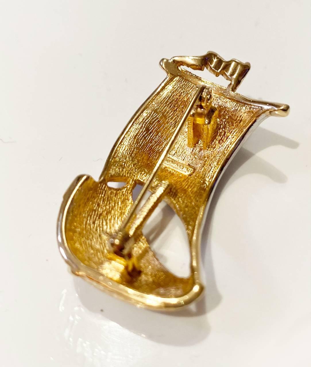 1980s Burberry Sailing Ship Pave Crystal Gold Plated Brooch Pin