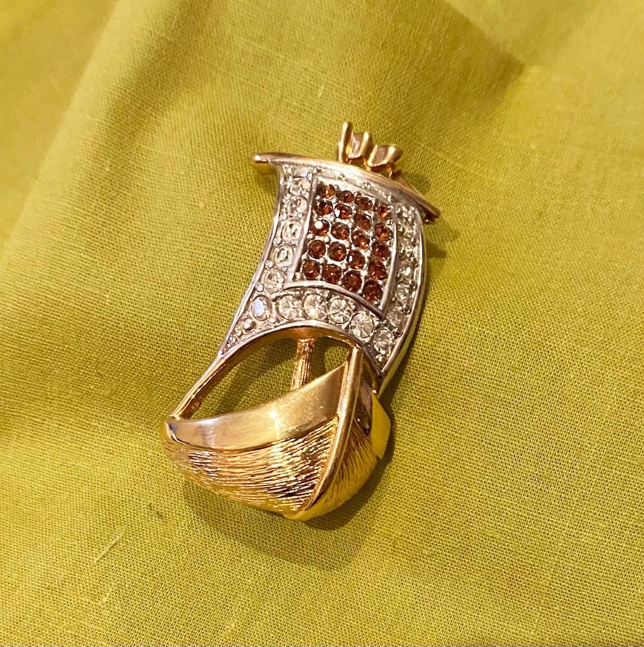 1980s Burberry Sailing Ship Pave Crystal Gold Plated Brooch Pin