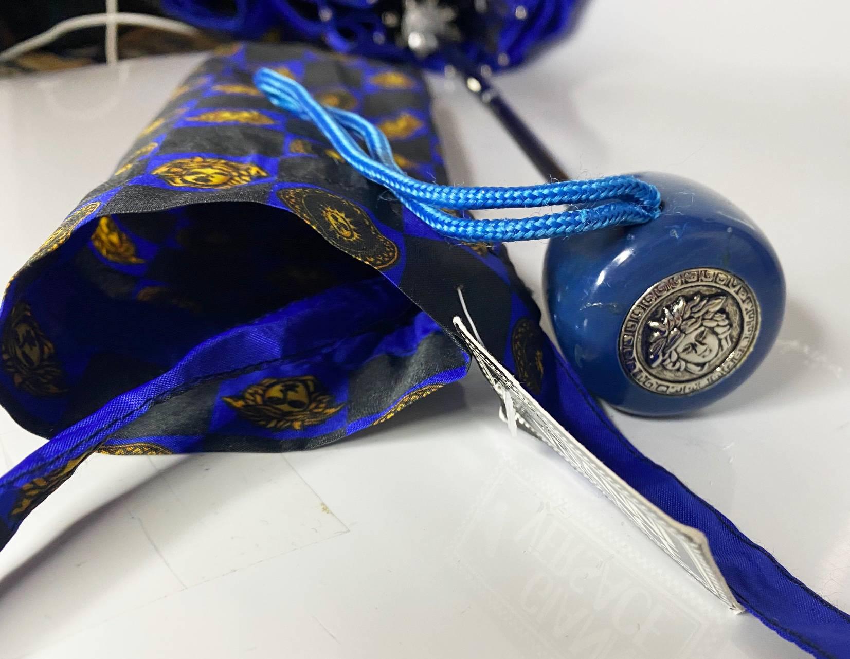 1980s Gianni Versace Black Blue chequered Medusa Umbrella with cover