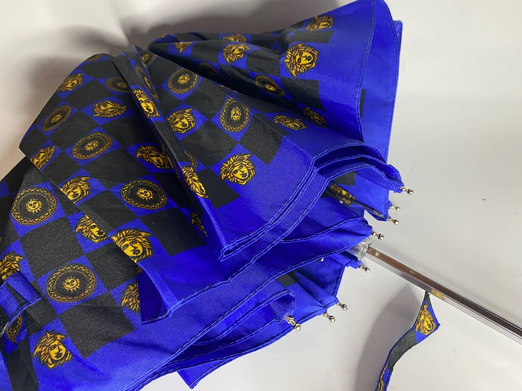 1980s Gianni Versace Black Blue chequered Medusa Umbrella with cover