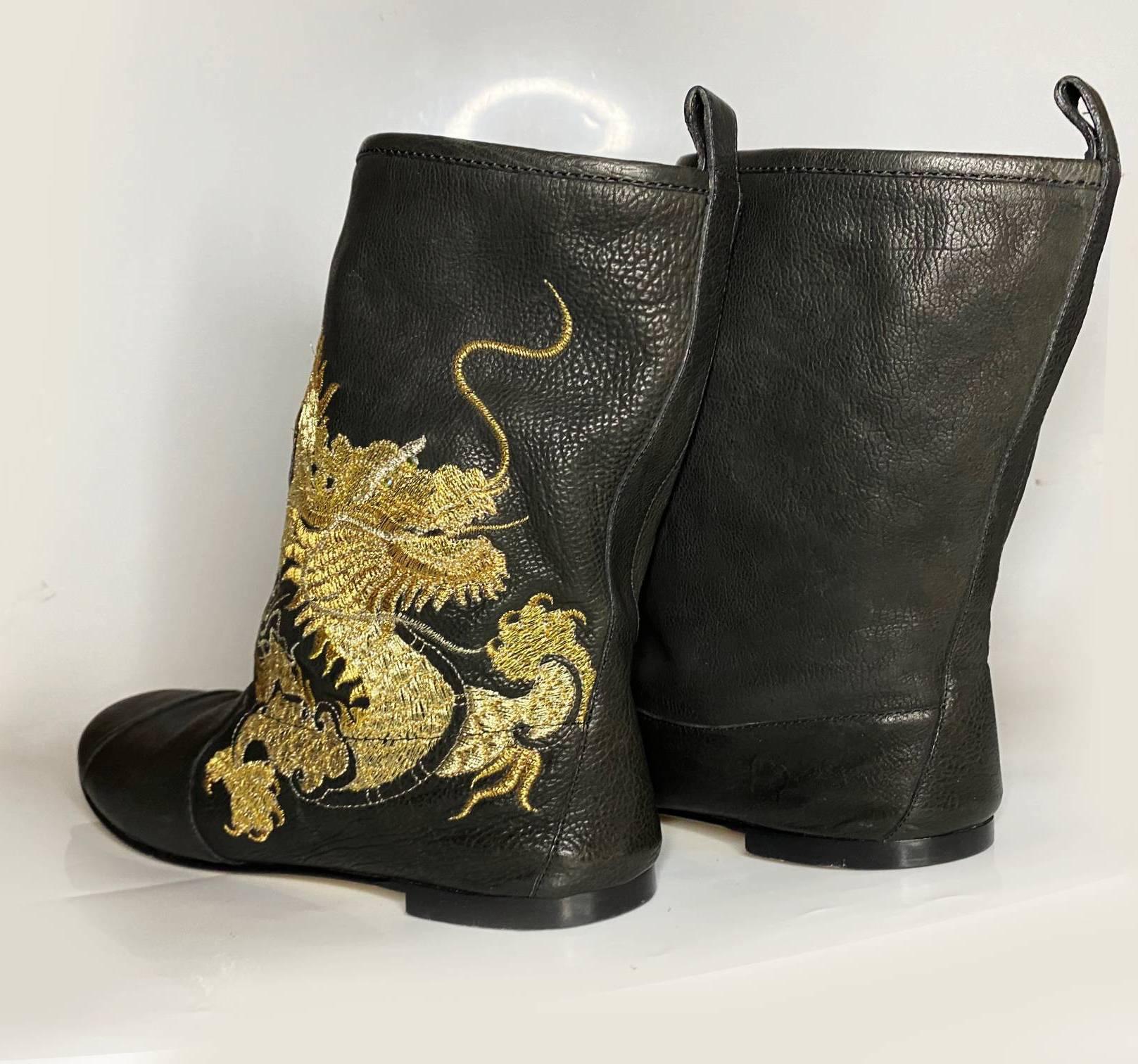 2000s Giuseppe Zanotti Embroidered Dragon Black Leather Calf Boots