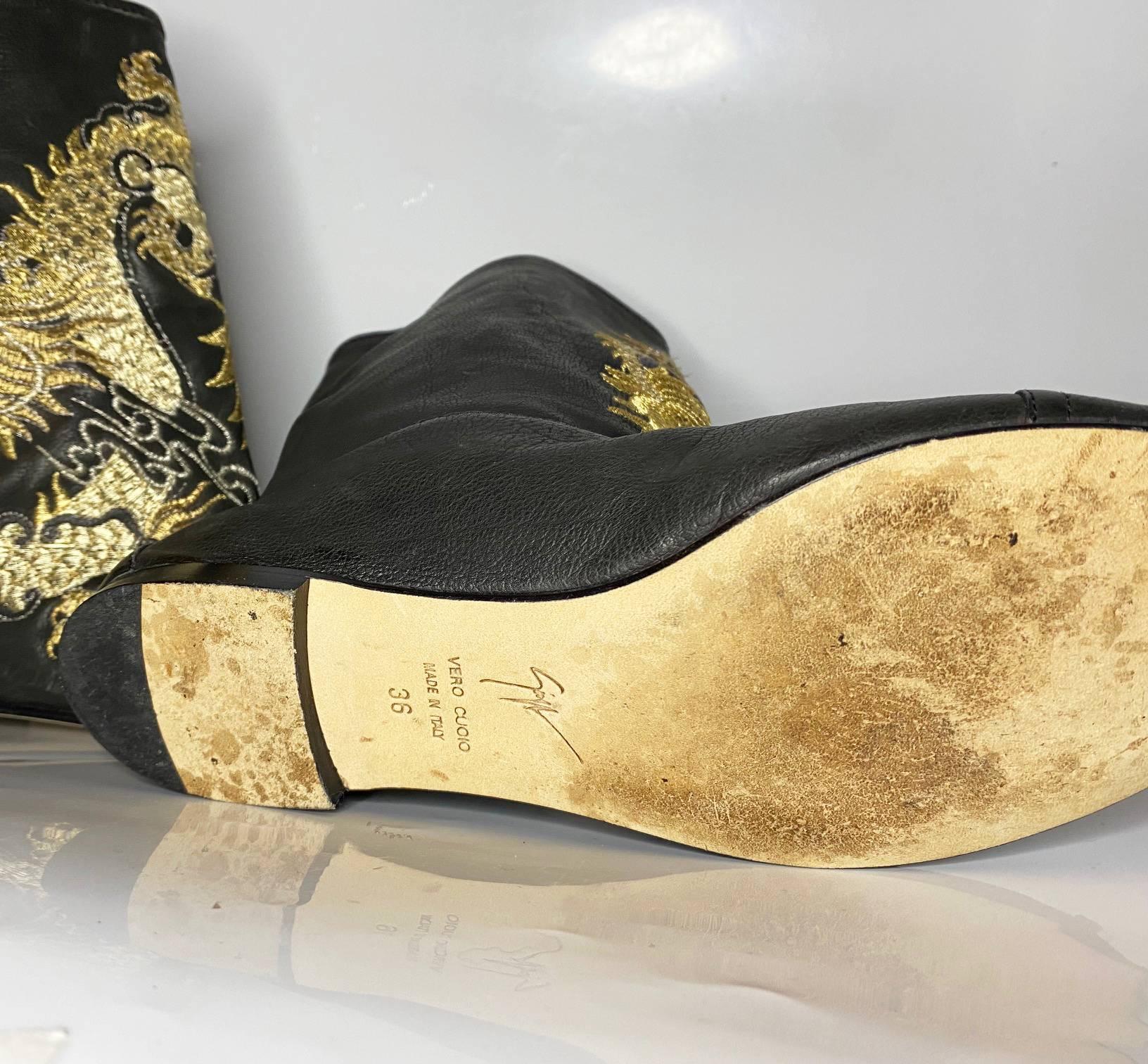 2000s Giuseppe Zanotti Embroidered Dragon Black Leather Calf Boots