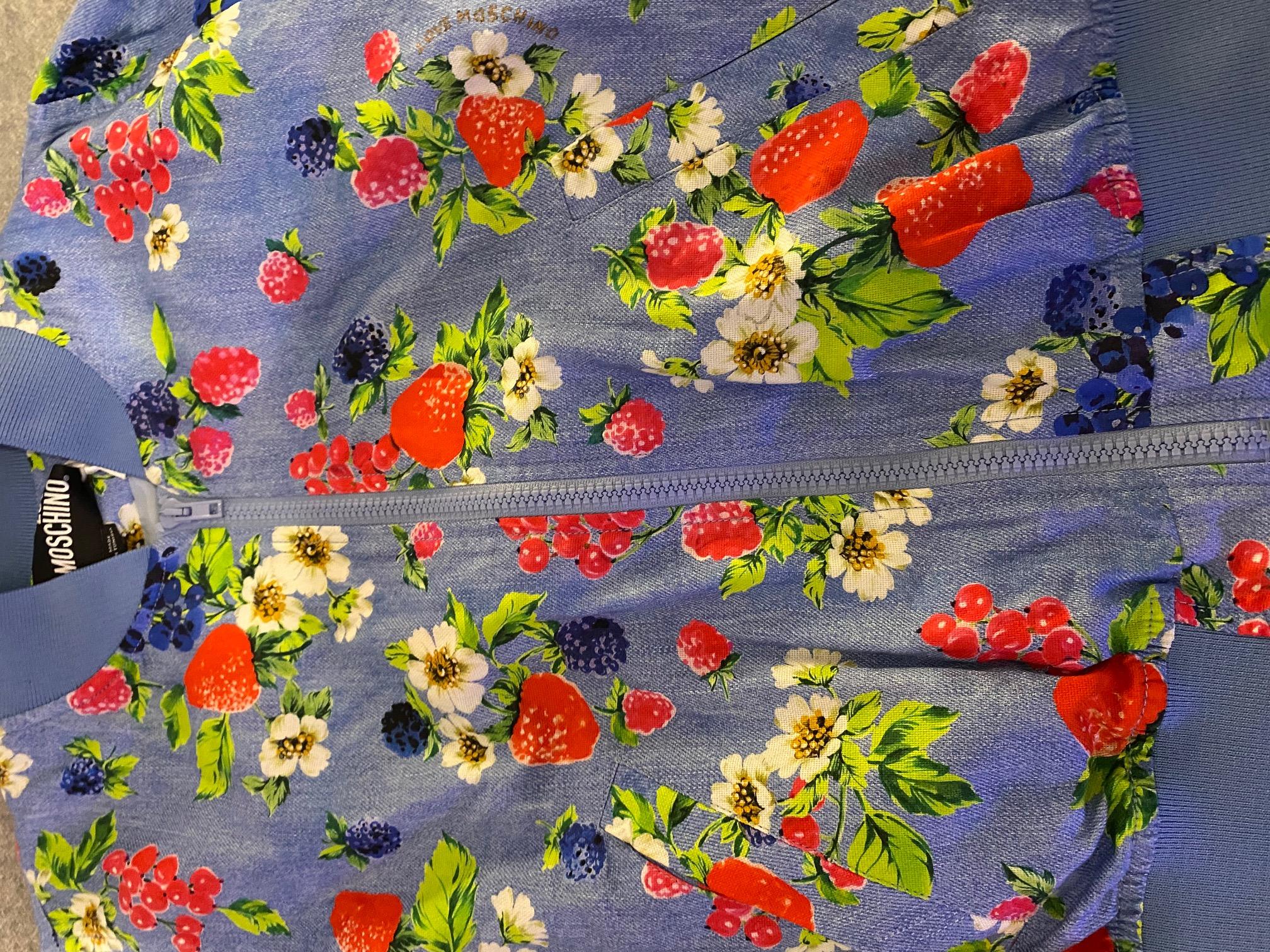Moschino Fruit Print Blue Bomber Jacket