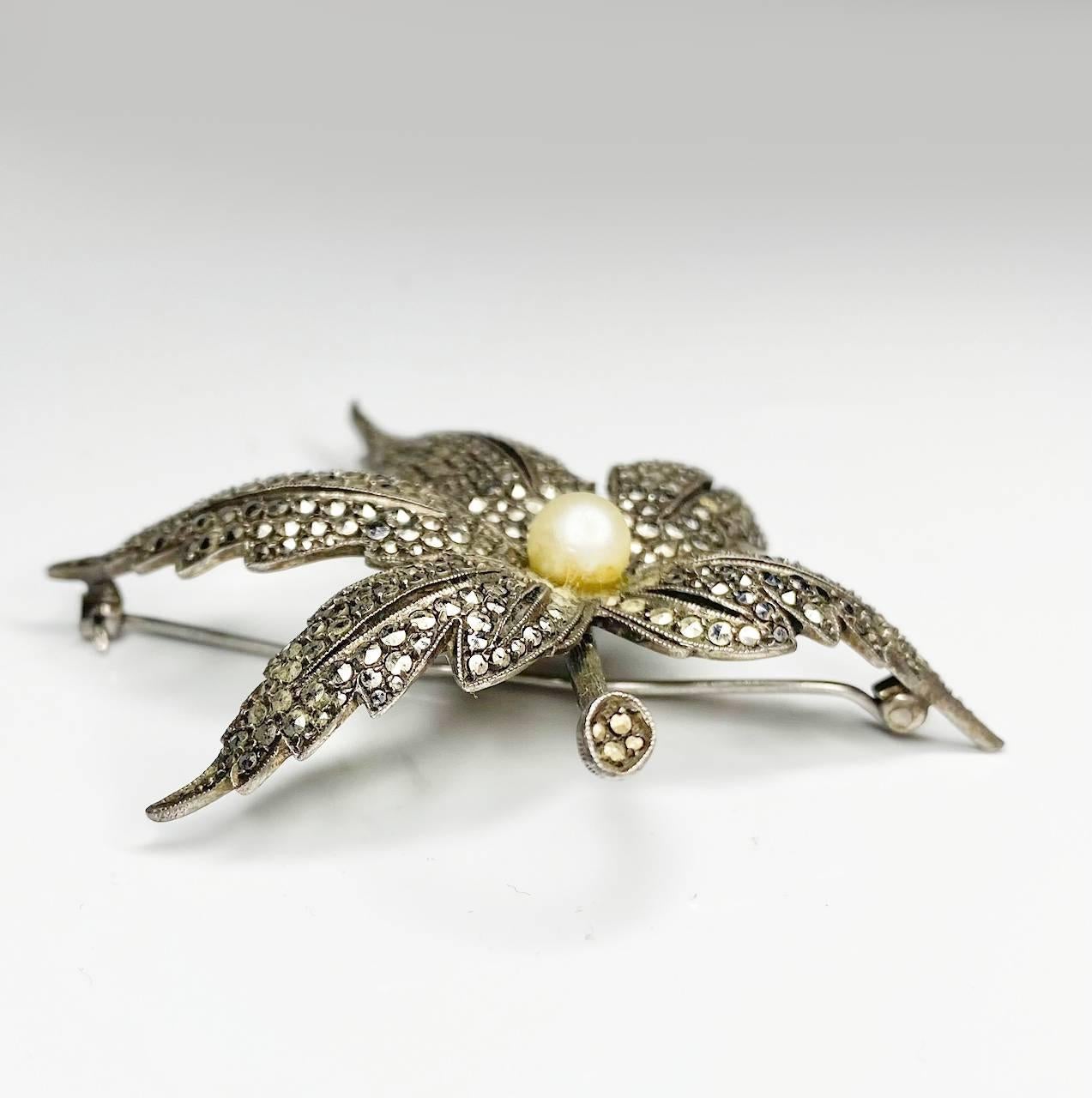 1980s Christian Dior Crystal Leaf Design Brooch with Pearl