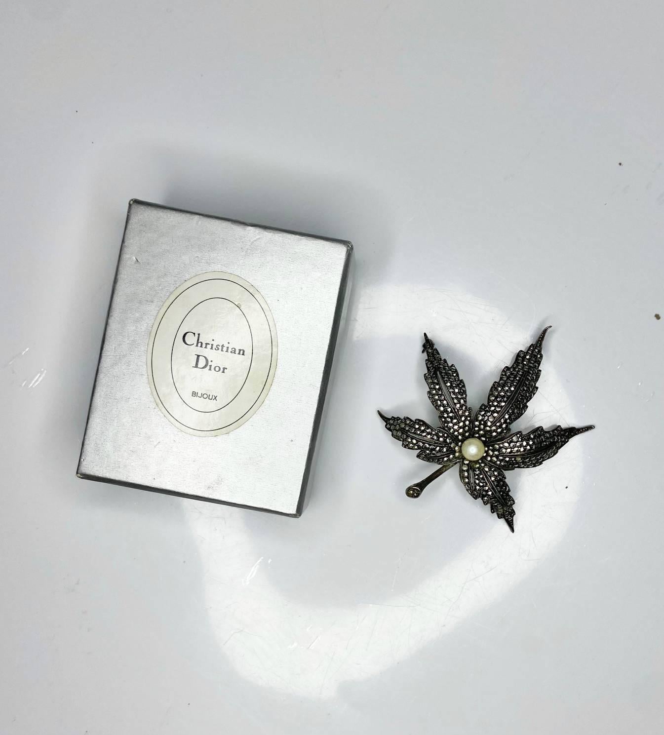 1980s Christian Dior Crystal Leaf Design Brooch with Pearl