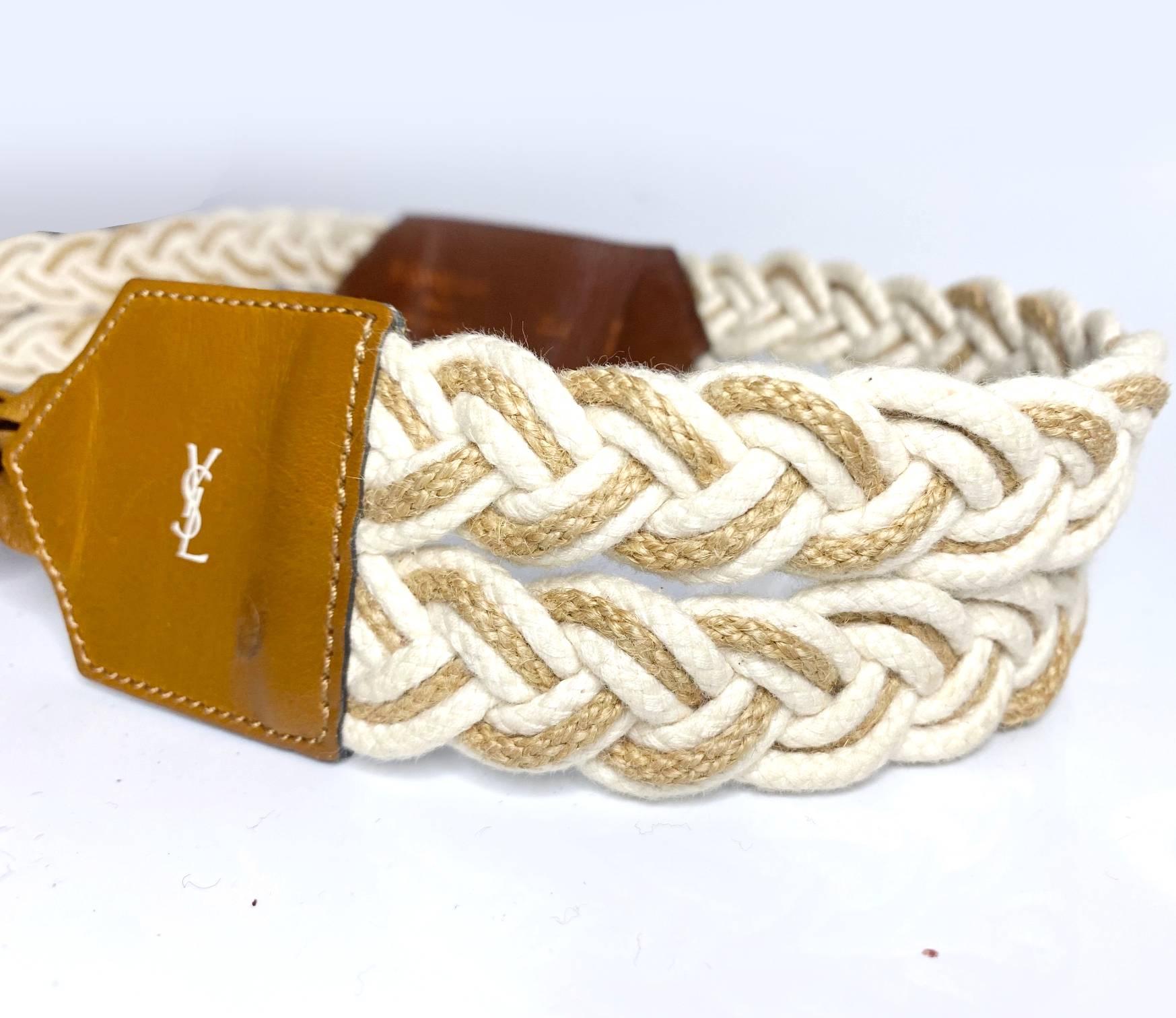 1980s YSL Yves Saint Laurent Cord Tan Leather Tasseled Tie Belt