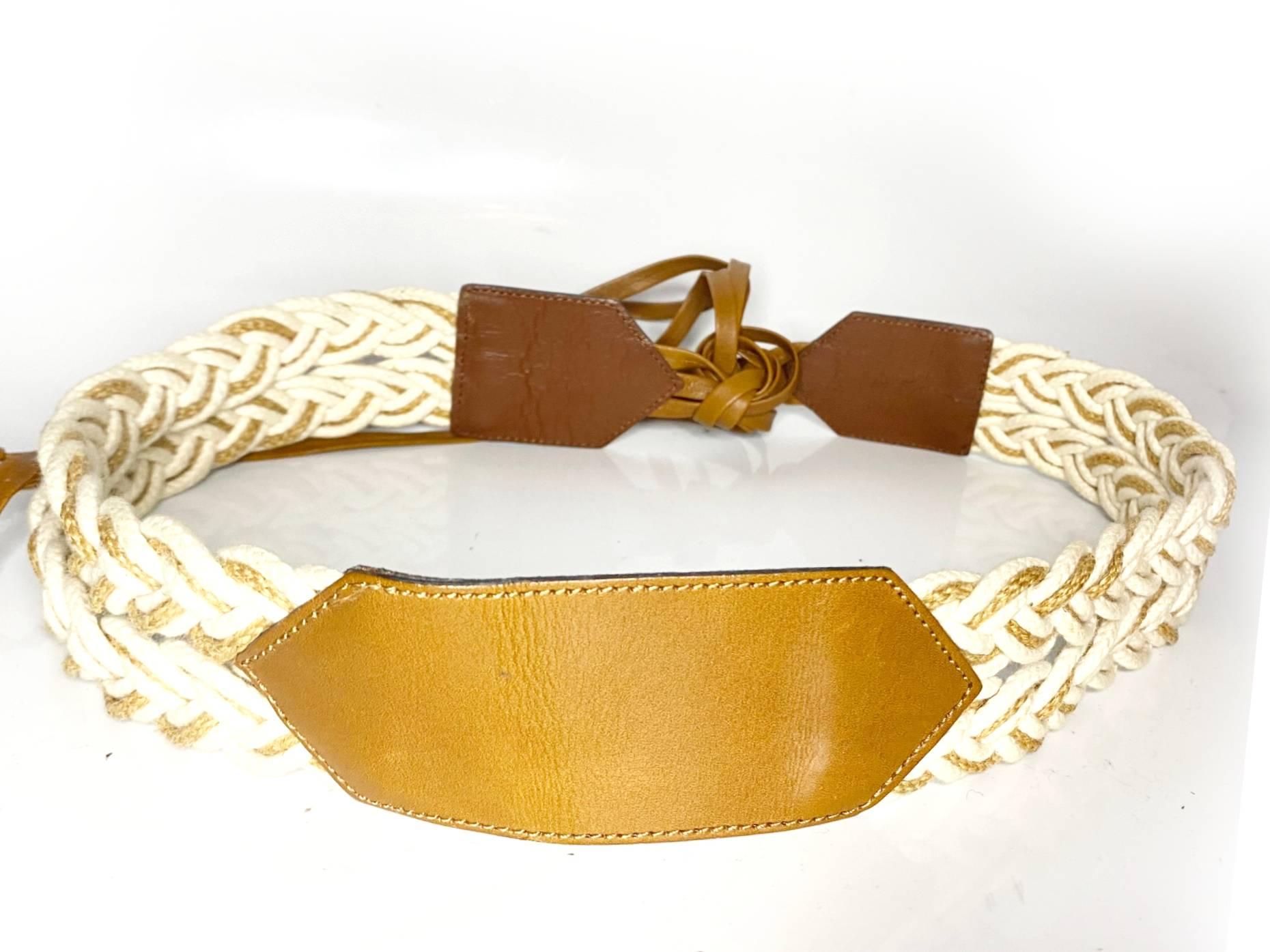 1980s YSL Yves Saint Laurent Cord Tan Leather Tasseled Tie Belt