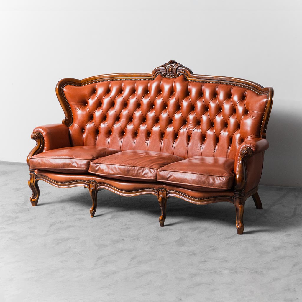 3 Seat Sofa Leather Wood 1950's Modern Vintage