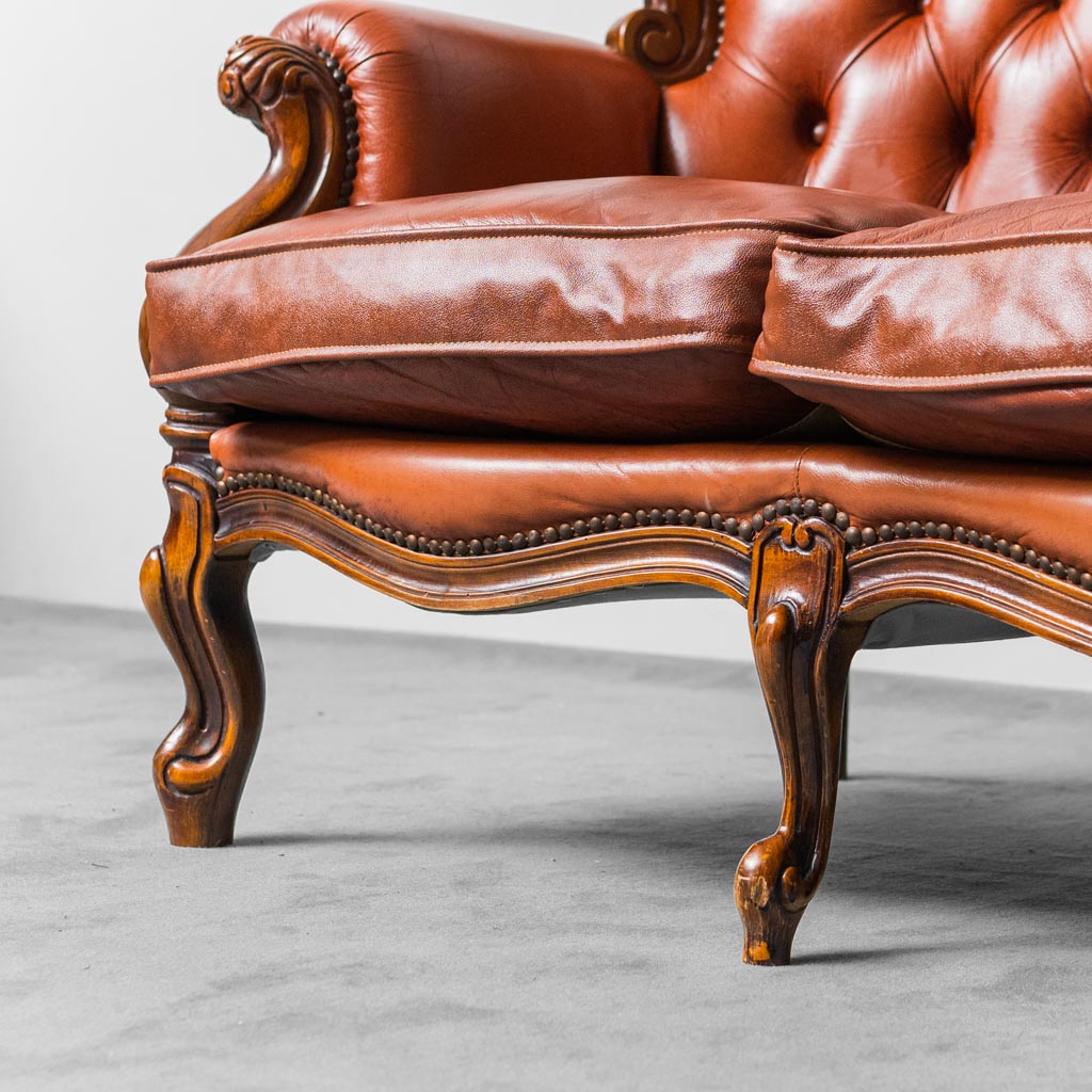 3 Seat Sofa Leather Wood 1950's Modern Vintage