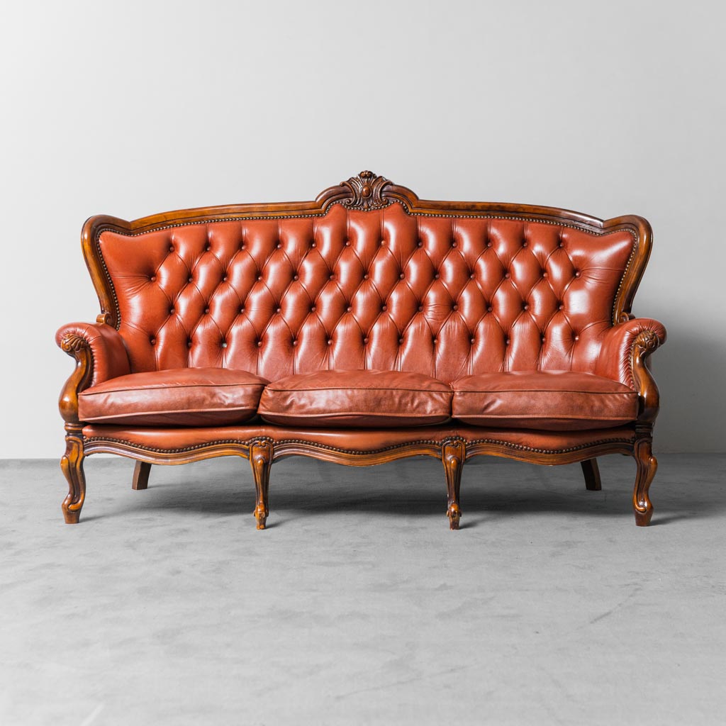 3 Seat Sofa Leather Wood 1950's Modern Vintage