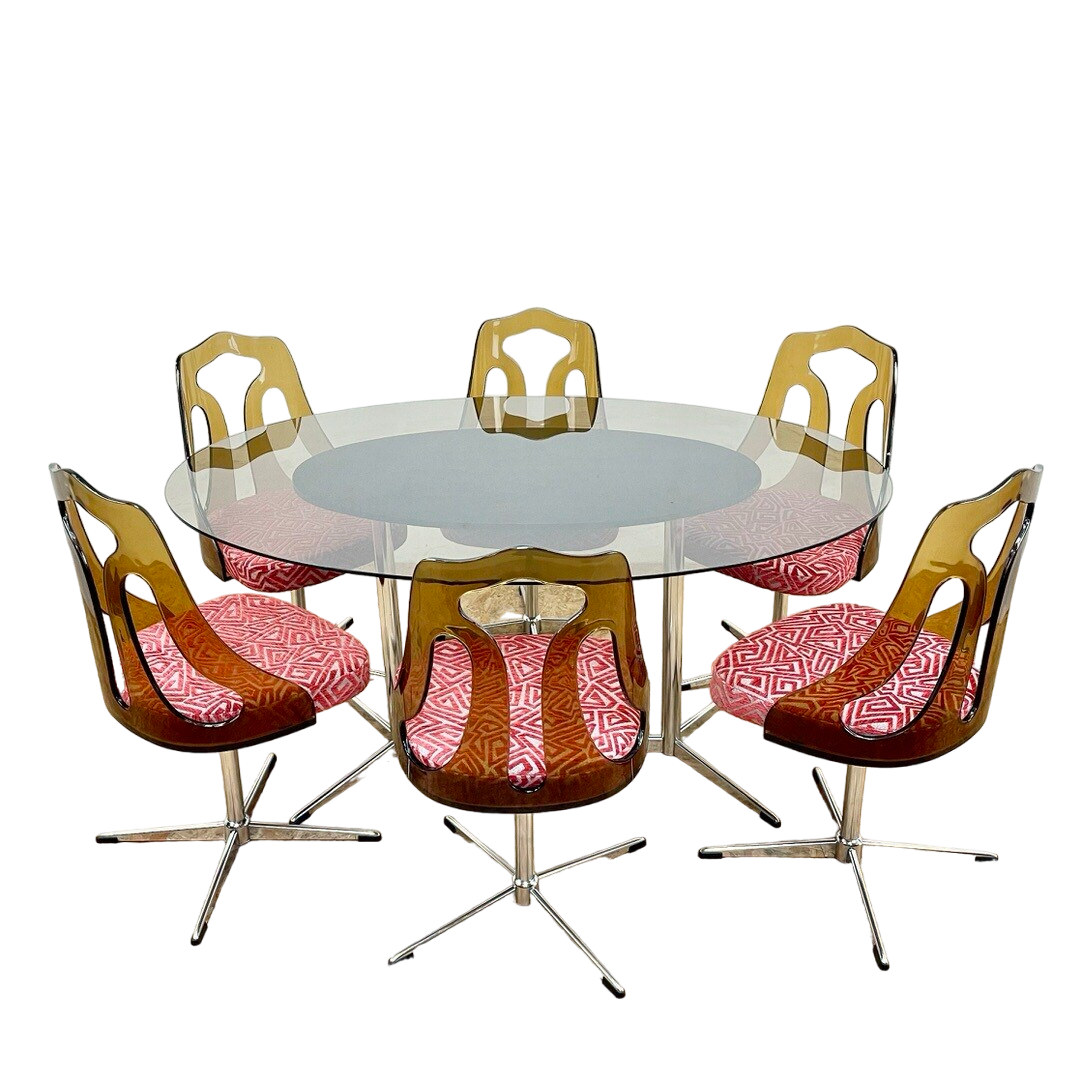 Mid Century Smoked Perspex Chairs & Glass Table
