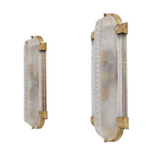 Pair of Art Dèco Style Brass and Frosted Murano Glass Sconces