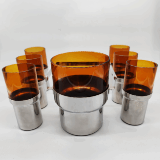 Vintage Glass and Metal set with Ice Bucket and 6 Glasses by PRAN - 1970s