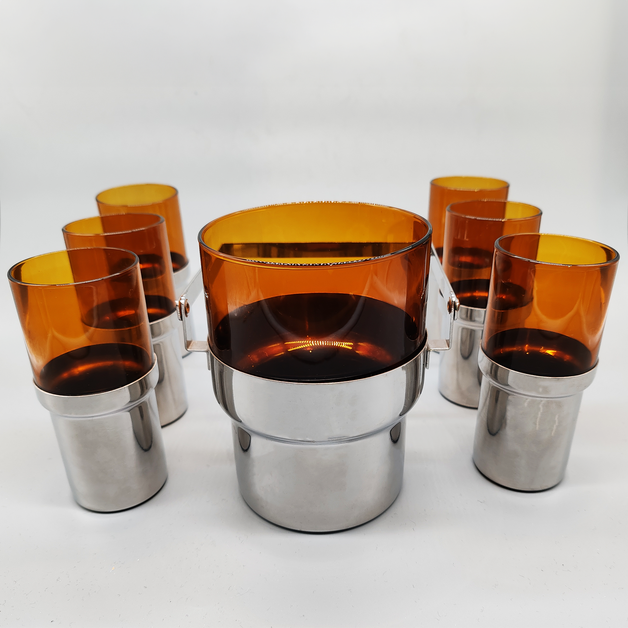Vintage Glass and Metal set with Ice Bucket and 6 Glasses by PRAN - 1970s