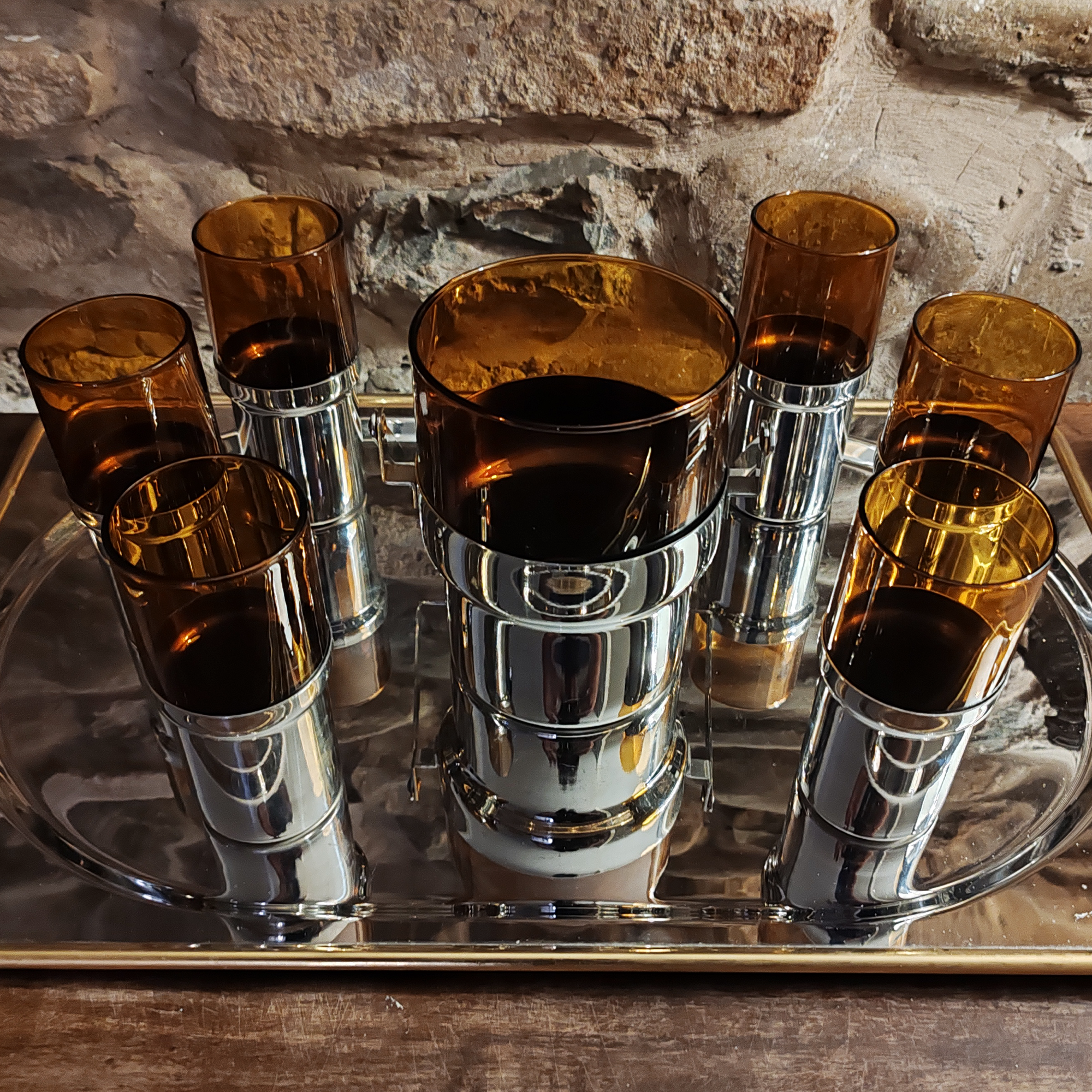 Vintage Glass and Metal set with Ice Bucket and 6 Glasses by PRAN - 1970s