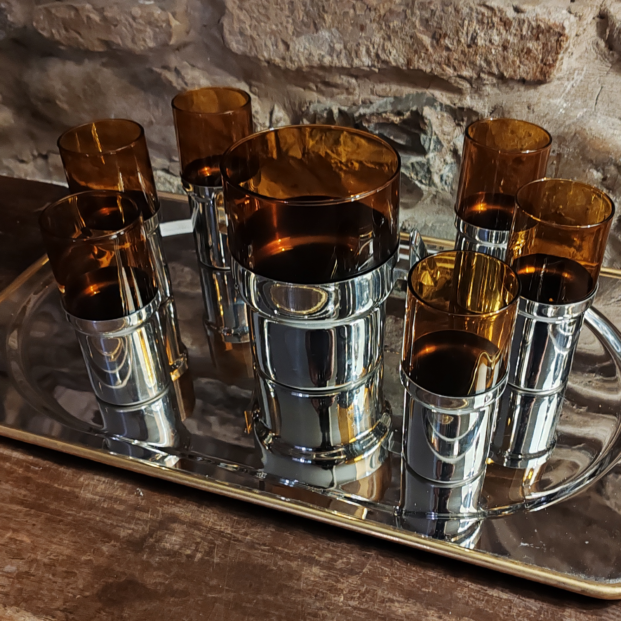 Vintage Glass and Metal set with Ice Bucket and 6 Glasses by PRAN - 1970s