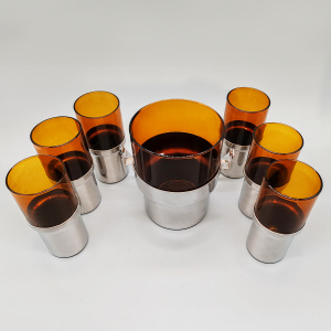 Vintage Glass and Metal set with Ice Bucket and 6 Glasses by PRAN - 1970s
