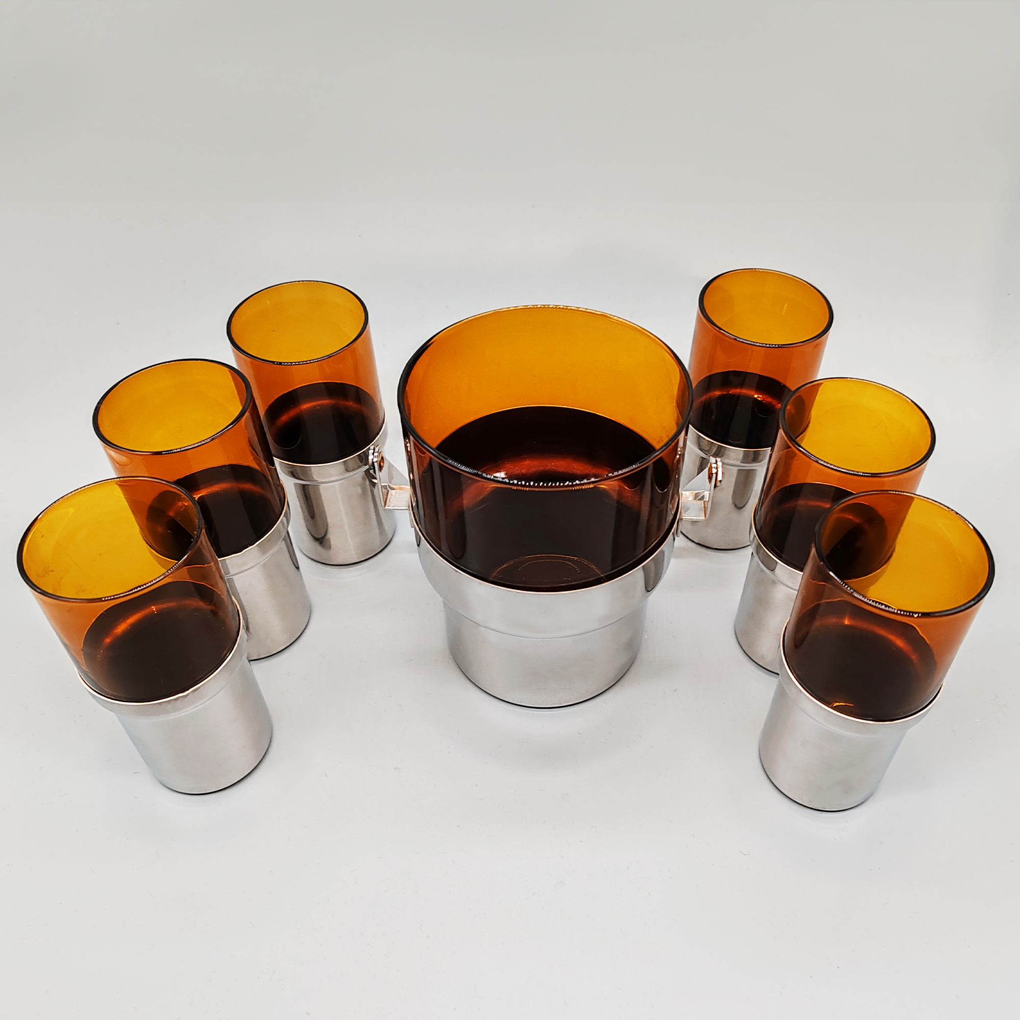 Vintage Glass and Metal set with Ice Bucket and 6 Glasses by PRAN - 1970s