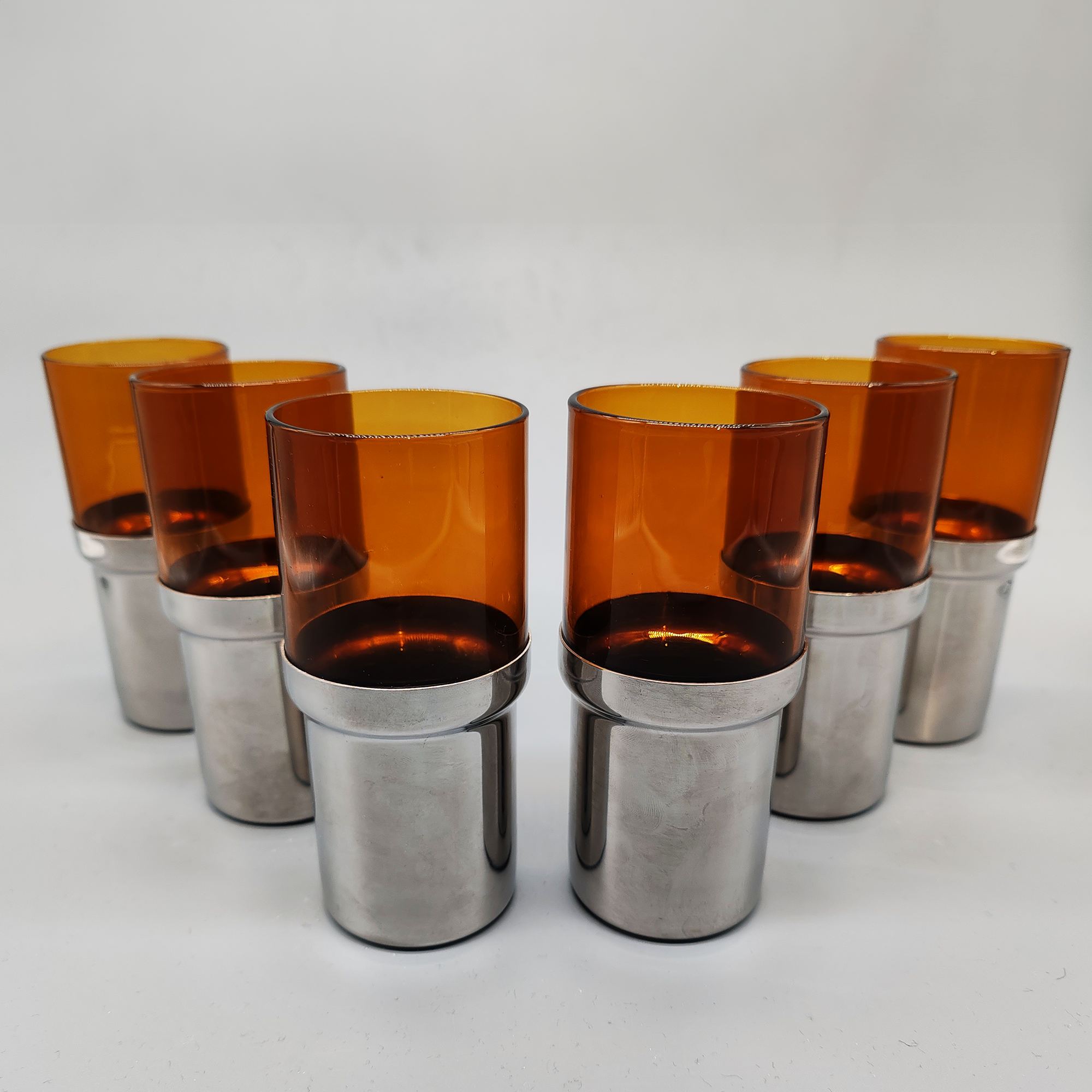 Vintage Glass and Metal set with Ice Bucket and 6 Glasses by PRAN - 1970s