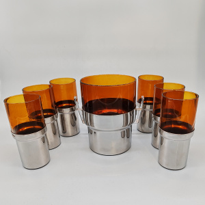 Vintage Glass and Metal set with Ice Bucket and 6 Glasses by PRAN - 1970s