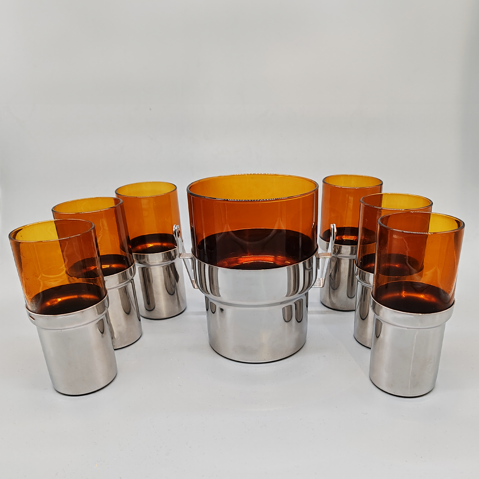 Vintage Glass and Metal set with Ice Bucket and 6 Glasses by PRAN - 1970s