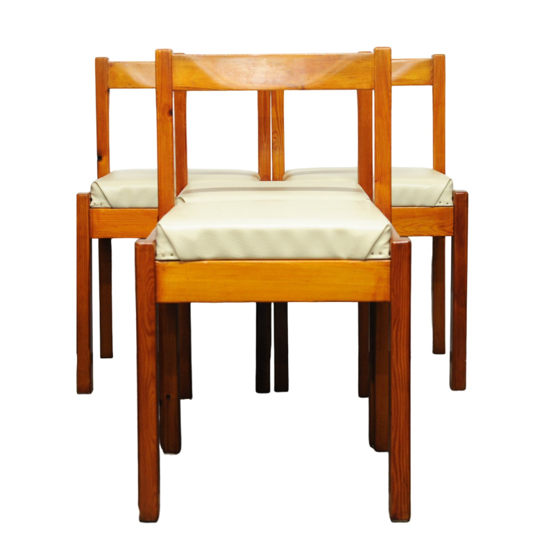 Vintage Pine & Cream Vinyl Dining Chairs, 1980s, Set Of 4