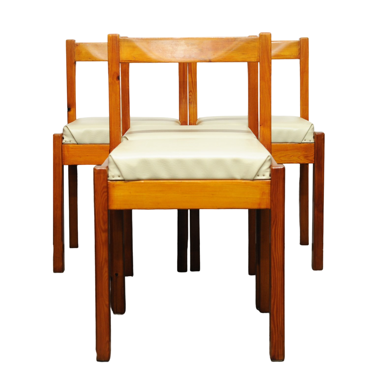 Vintage Pine & Cream Vinyl Dining Chairs, 1980s, Set Of 4