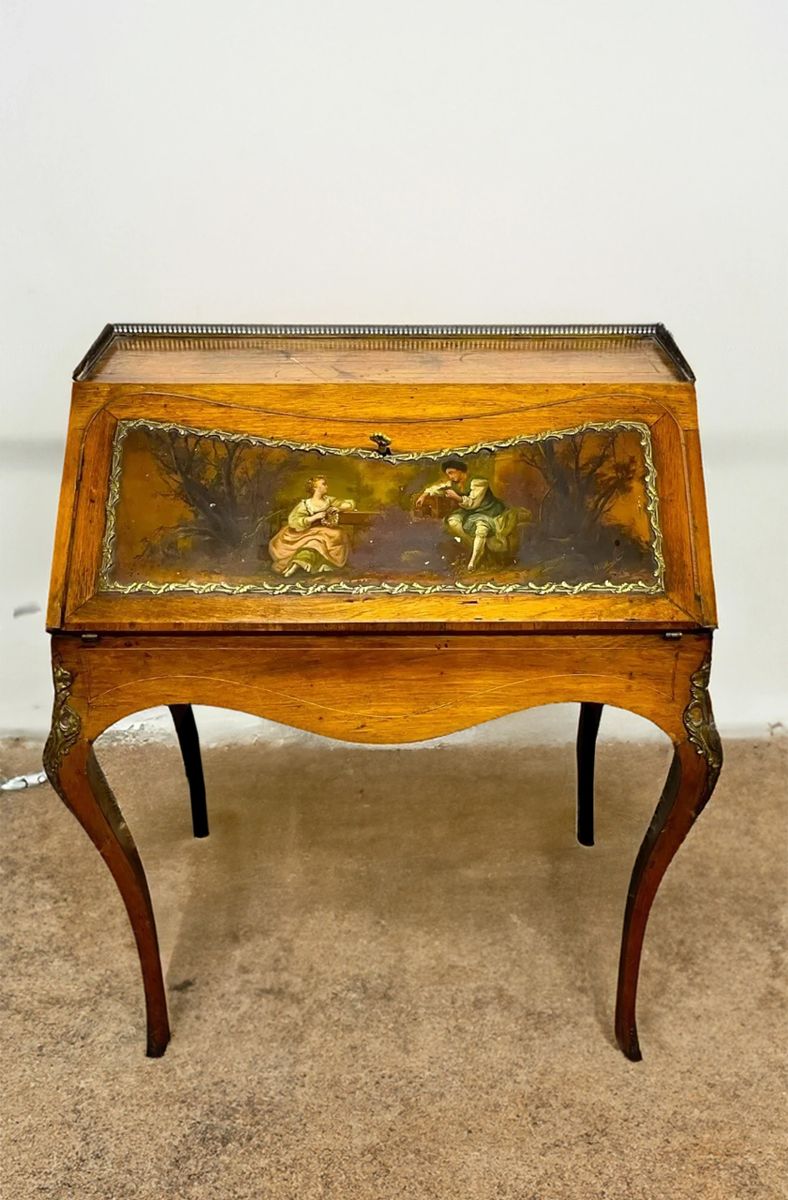 Antique Ladies French writing desk with hand painted facade by Henri Martin