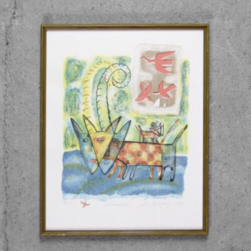 Vintage Color Lithograph by Aino Myllykangas, Heaven the Dog, 1993