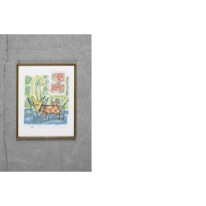 Vintage Color Lithograph by Aino Myllykangas, Heaven the Dog, 1993