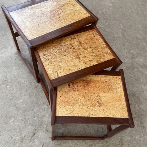 Mid Century G Plan vintage trio of nesting tables with retro cork effect patina inserts