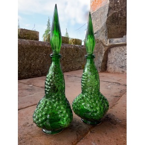 Pair of Italian Empoli Emerald Green Grape Design Glass Genie Decanter Bottles