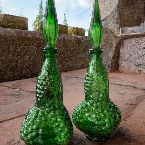 Pair of Italian Empoli Emerald Green Grape Design Glass Genie Decanter Bottles
