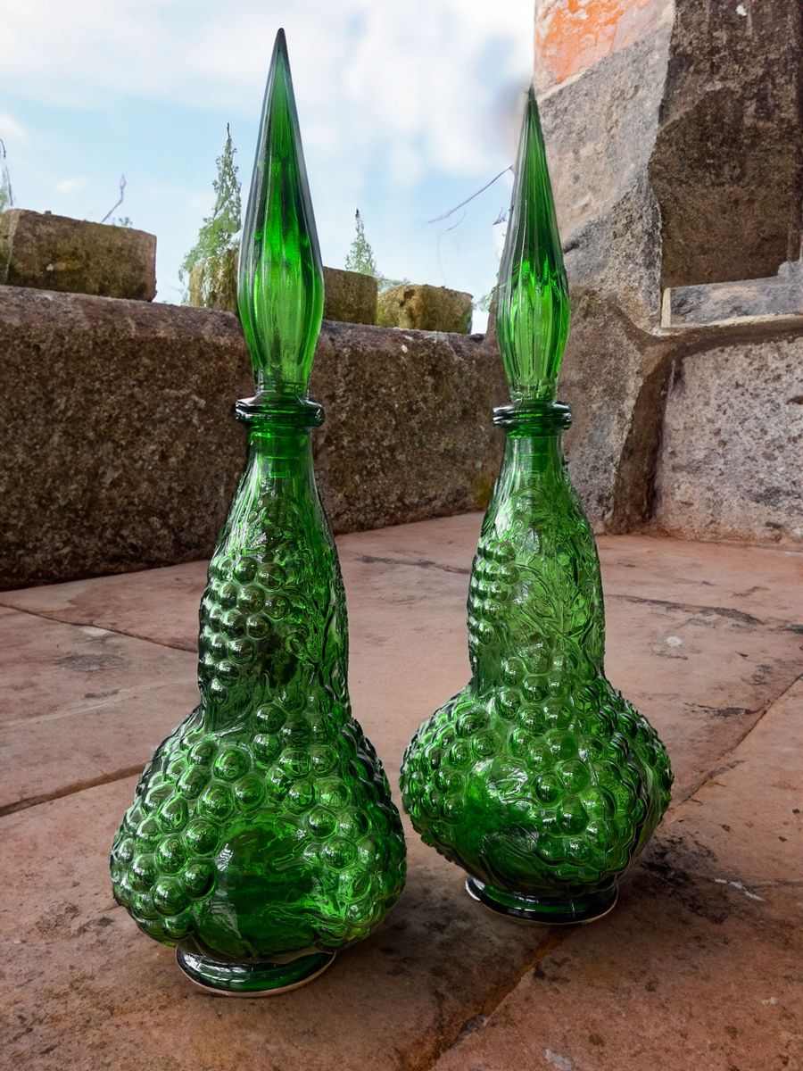 Pair of Italian Empoli Emerald Green Grape Design Glass Genie Decanter Bottles