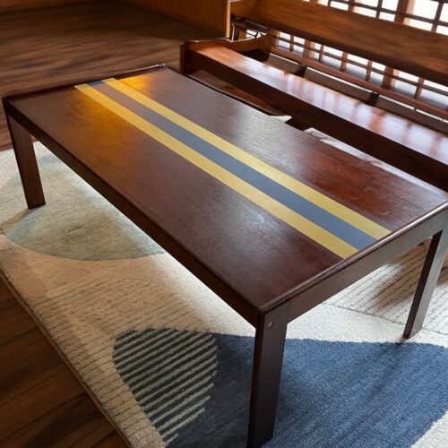 Striking and unique Danish Mid century teak coffee table with central 'team colours' stripe detail