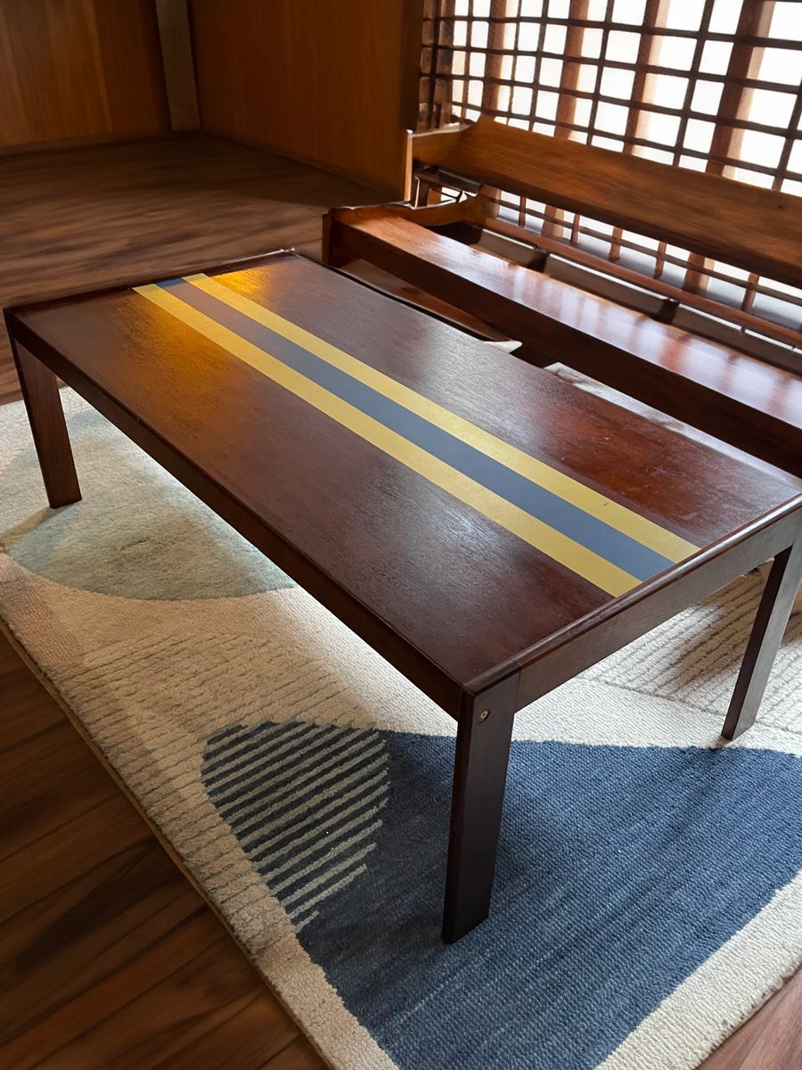 Striking and unique Danish Mid century teak coffee table with central 'team colours' stripe detail