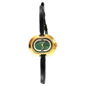 1970s Bulova for Christian Dior 14K Gold Plated Oval Green Dial Wristwatch