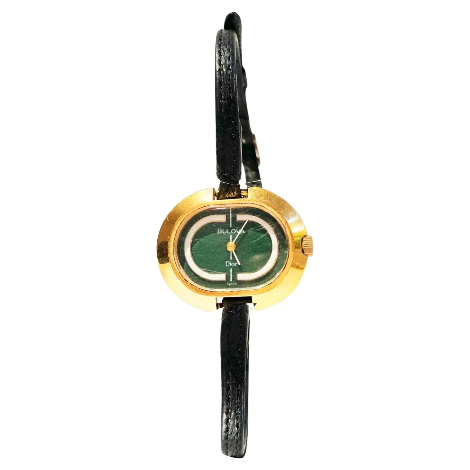 1970s Bulova for Christian Dior 14K Gold Plated Oval Green Dial Wristwatch