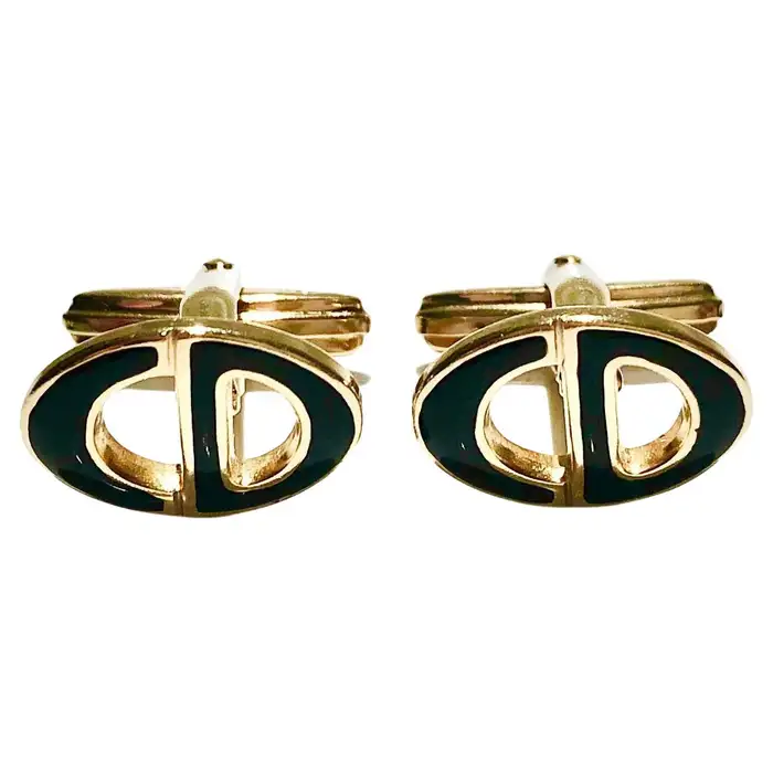 1980s Christian Dior Gold Tone Metal Black Enamel Cufflinks
