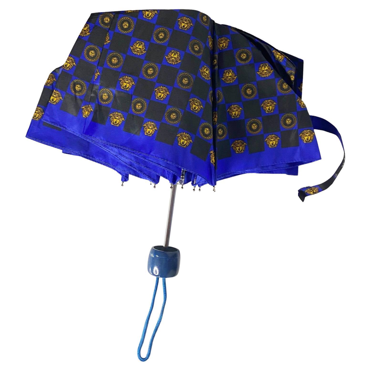 1980s Gianni Versace Black Blue chequered Medusa Umbrella with cover