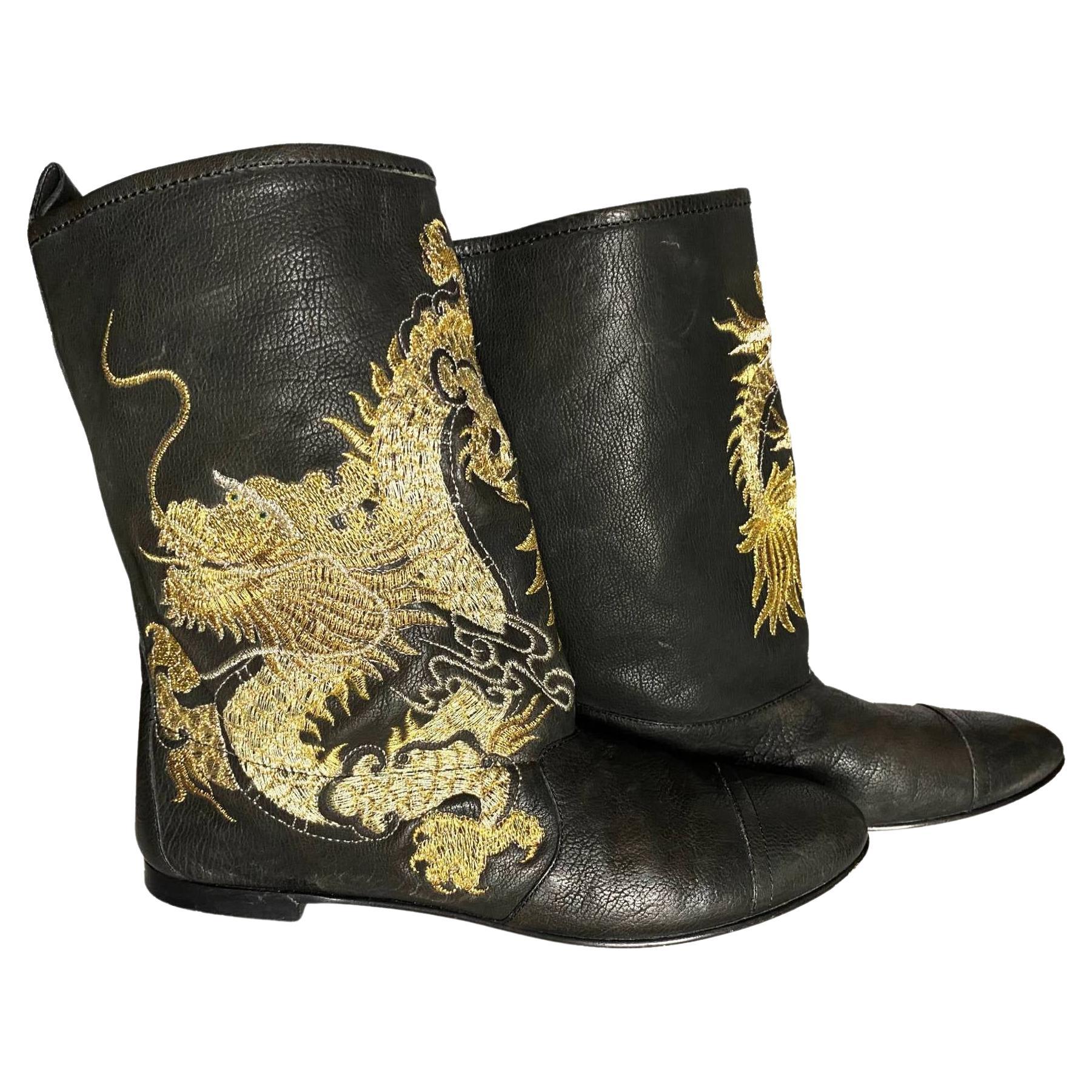 2000s Giuseppe Zanotti Embroidered Dragon Black Leather Calf Boots