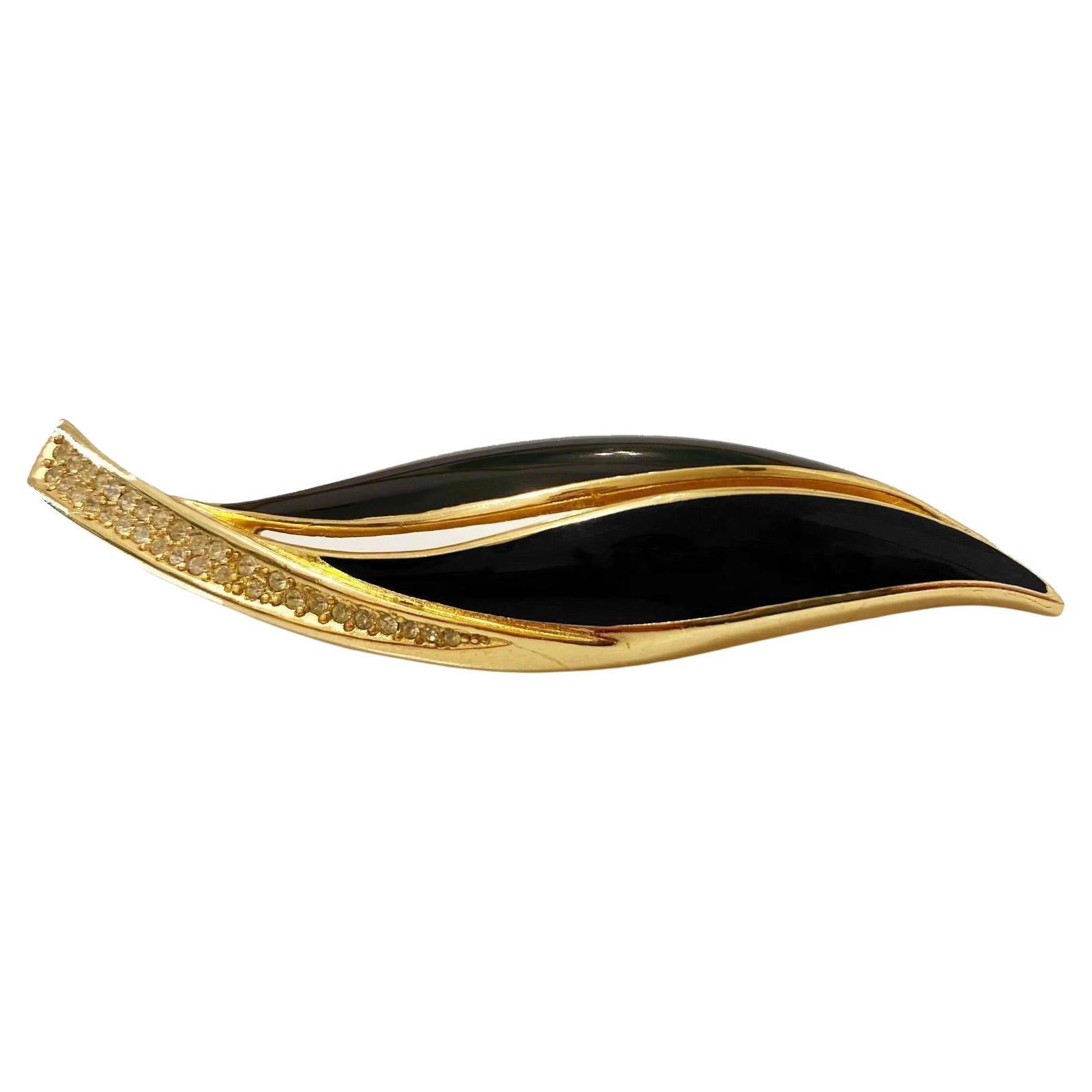 1980s CHRISTIAN DIOR ENAMEL LEAF gold plated crystal BROOCH