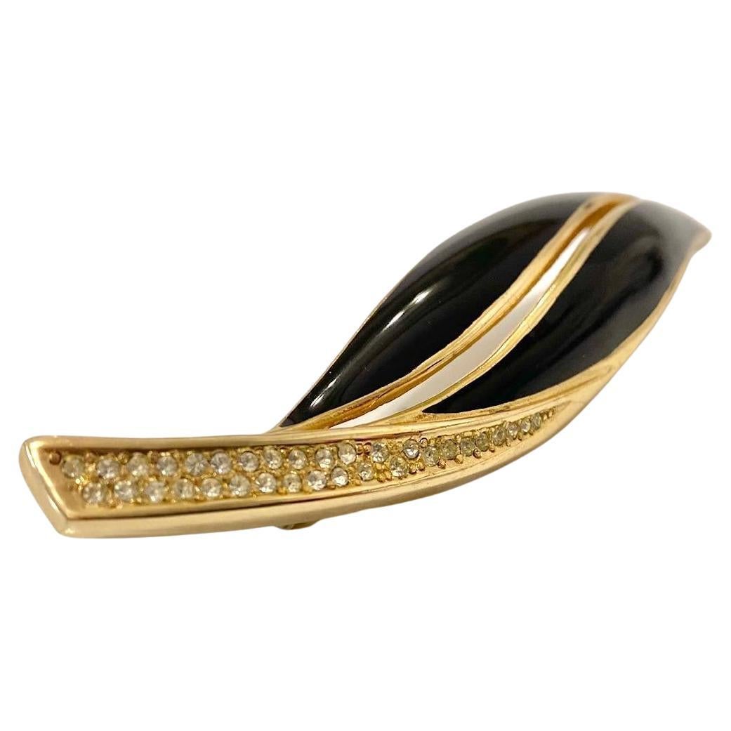 1980s CHRISTIAN DIOR ENAMEL LEAF gold plated crystal BROOCH
