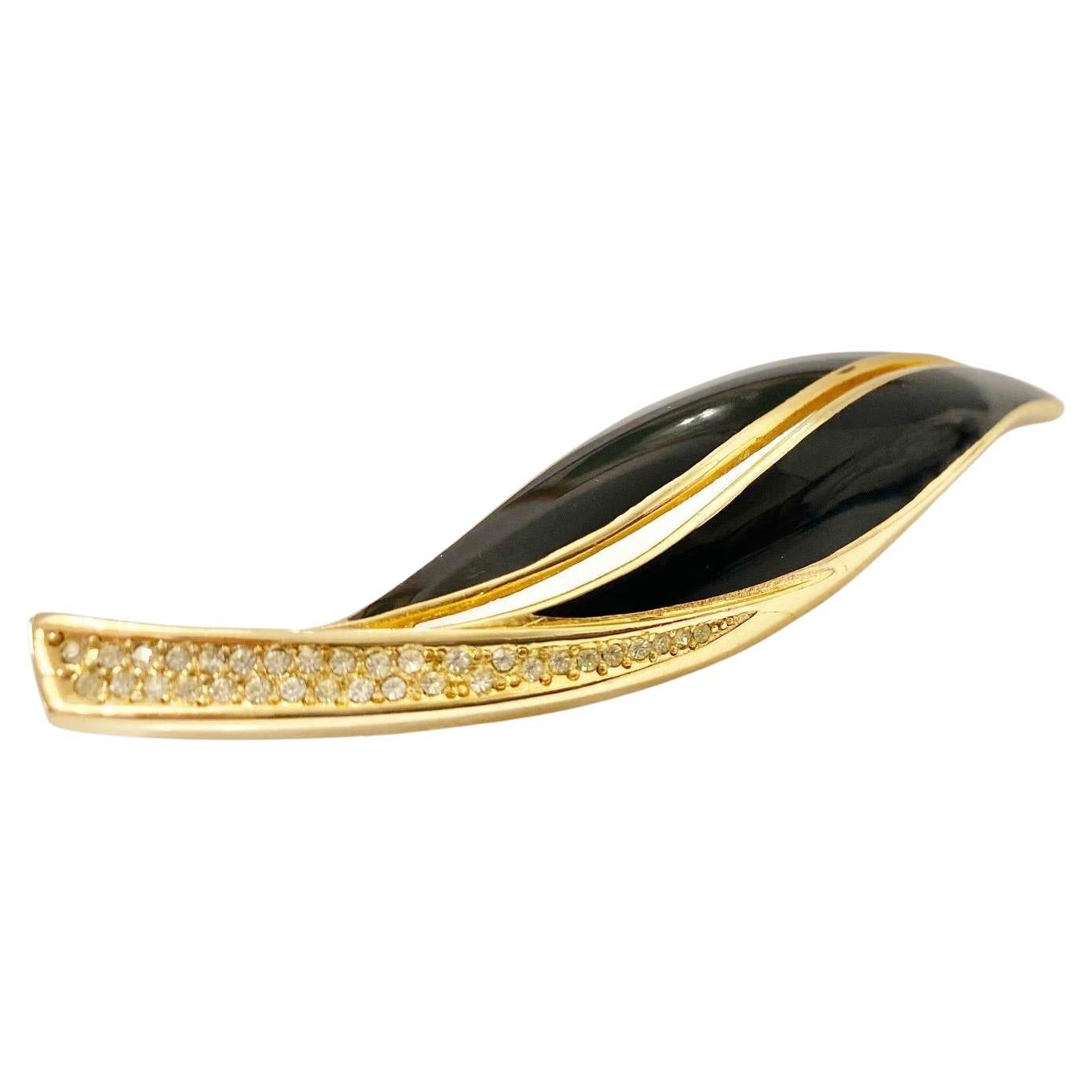 1980s CHRISTIAN DIOR ENAMEL LEAF gold plated crystal BROOCH